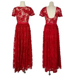 Monique Lhuillier Embroidered Floral Gown Tiered Maxi Dress Red 6